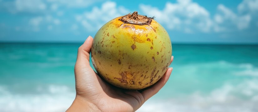 Hand holding a coconut against a blue sky and ocean background.