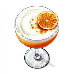 A vibrant cocktail topped with cream and a slice of orange, served in a stylish glass.