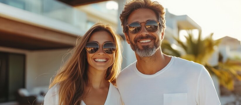Happy couple wearing sunglasses standing in front of a modern home.