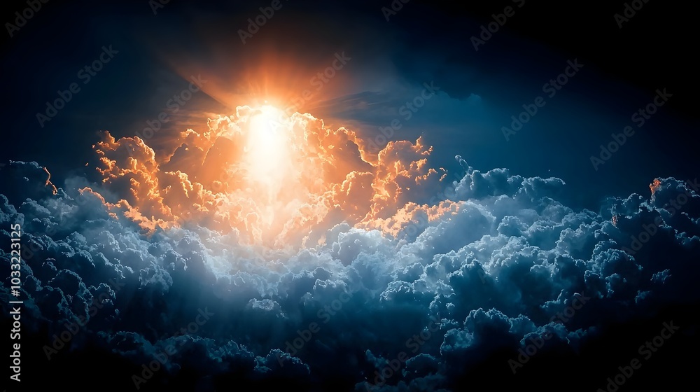 Poster breathtaking image of sunlight dramatically breaking through dark storm clouds representing the conc