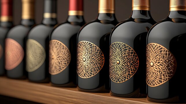 Close-up of elegant wine bottles, each labeled with intricate designs, sitting on a sleek wooden shelf. The lighting highlights the richness of the wine colors