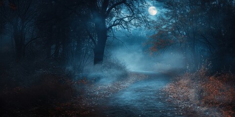 Mysterious forest scenery moonlit night.