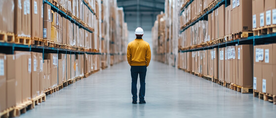 A worker stands in a warehouse aisle surrounded by stacks of cardboard boxes, emphasizing logistics and inventory management.