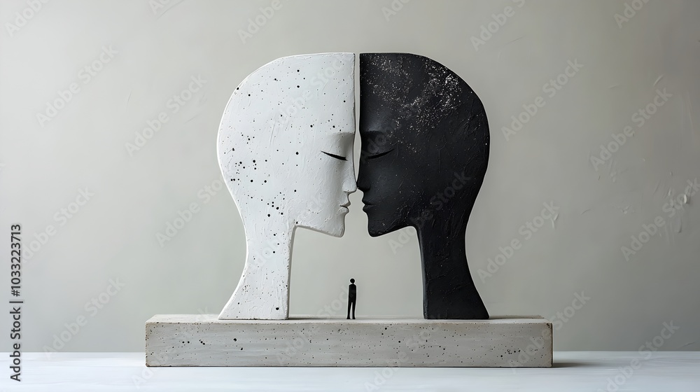 Aufkleber Captivating abstract sculpture with two faces merging into one playing with perspective and creating a visually striking and thought provoking piece of contemporary digital art