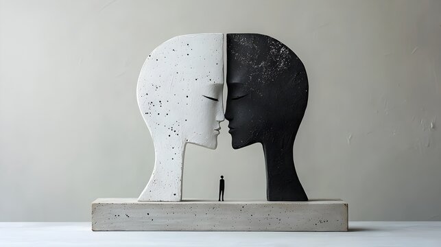 Captivating abstract sculpture with two faces merging into one playing with perspective and creating a visually striking and thought provoking piece of contemporary digital art