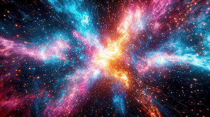 A vibrant cosmic explosion showcasing colorful nebulae and stars in a vast universe.