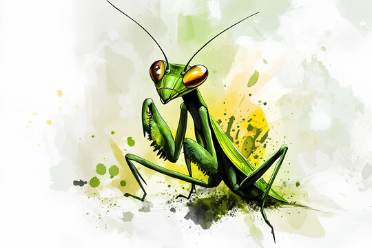 praying mantis mascot logo design watercolor