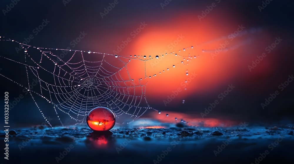 Aufkleber Captivating image showcasing the delicate beauty of raindrops clinging to the intricate strands of a spider web with a soft blurred sunset providing a mesmerizing backdrop
