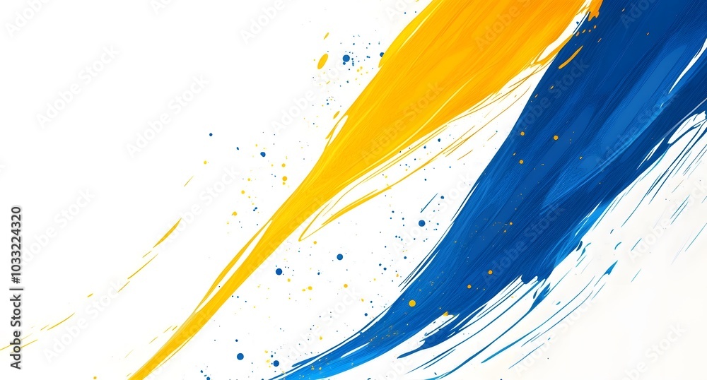 Fototapete Blue and yellow background vector with abstract shapes, splashes of paint, and dynamic lines. Abstract background for presentation or poster design.