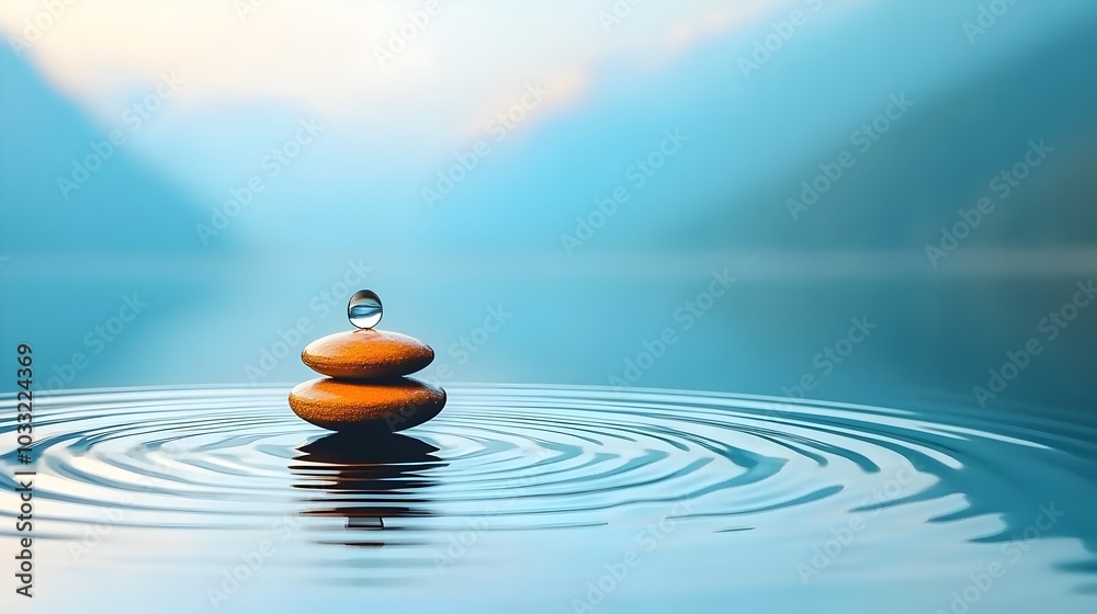 Aufkleber Mesmerizing water ripples creating a dreamy translucent layer in front of a reflected landscape evoking a peaceful ethereal atmosphere