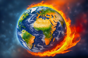Illustration of planet earth is burning on the abstract background.