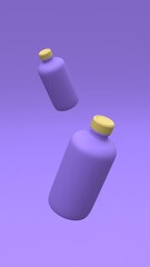 Tow plastic bottles flying in the air on the purple background. Package design. 3d illustration.