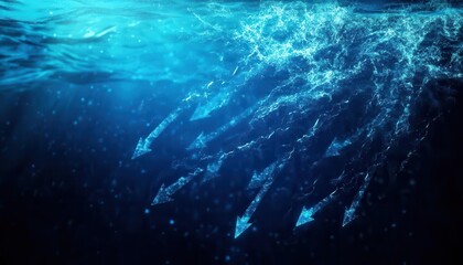 Obraz premium Visualization of ocean currents altered by global warming, with arrows showing disrupted water flow and temperature changes Isolated on a gradient blue ocean background