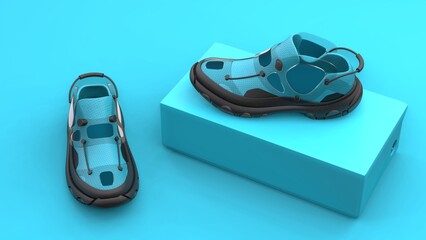 Footwear concept with box package on the blue background. Modern design. 3d illustration.