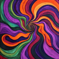 Psychedelic spiral patterns with deep purples, oranges, and greens, twisted into groovy, fluid shapes, reminiscent of retro posters and art 