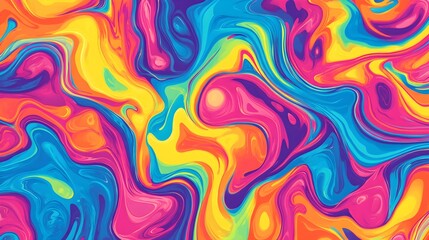 Psychedelic tie-dye with bright, bold colors, groovy swirls, and wavy lines, blending into abstract shapes for a dynamic retro visual 
