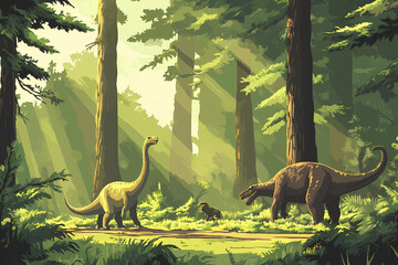 Prehistoric dinosaurs roaming forest with wildlife in background adventure travel in ancient times