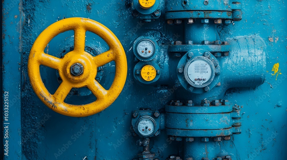 Aufkleber closeup of an intricate layout of industrial valves and pipes crisscrossing in a complex system of m