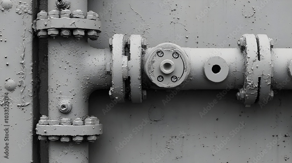 Poster close up view of an intricate network of industrial valves pipes and equipment crisscrossing in a co