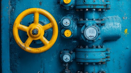 Fototapeta premium Closeup of an intricate layout of industrial valves and pipes crisscrossing in a complex system of metal tubing equipment and engineering infrastructure