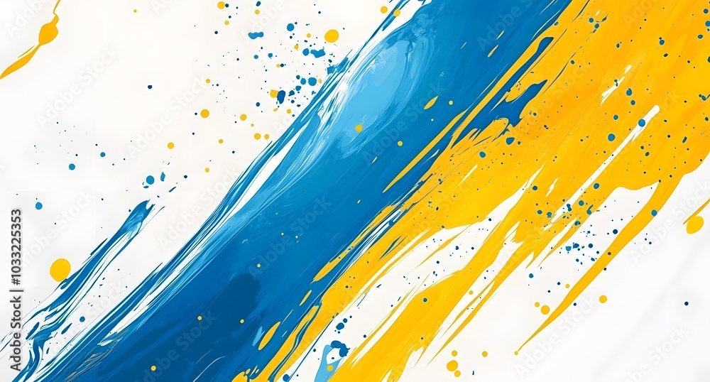 Fototapete Blue and yellow background vector with abstract shapes, splashes of paint, and dynamic lines. Abstract background for presentation or poster design.