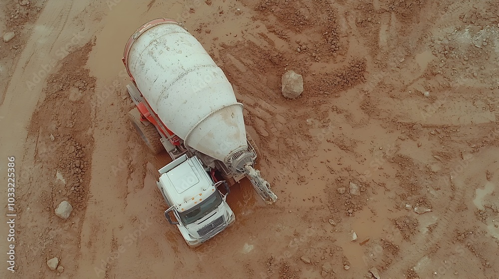 Poster concrete mixer truck parked on a muddy construction site with the drum partially rotating to prepare