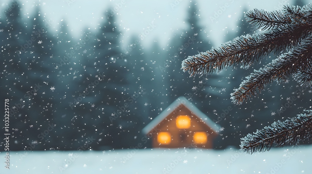Poster cozy log cabin nestled in a snowy forest with pine branches laden with fluffy white snowflakes in th