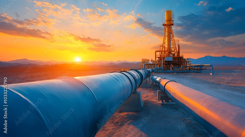 Poster Converging pipelines forming a central hub representing the interconnected global energy infrastructure and the flow of resources power and utilities across the world