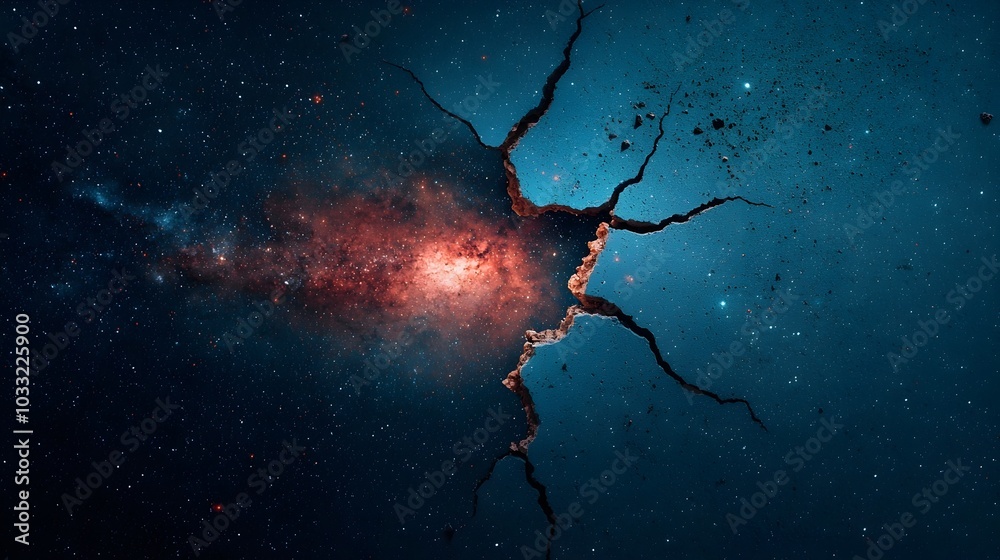 Poster Cracked pavement revealing a mysterious and ethereal galaxy beneath blending the boundaries between reality and fantasy in a captivating and visually striking composition