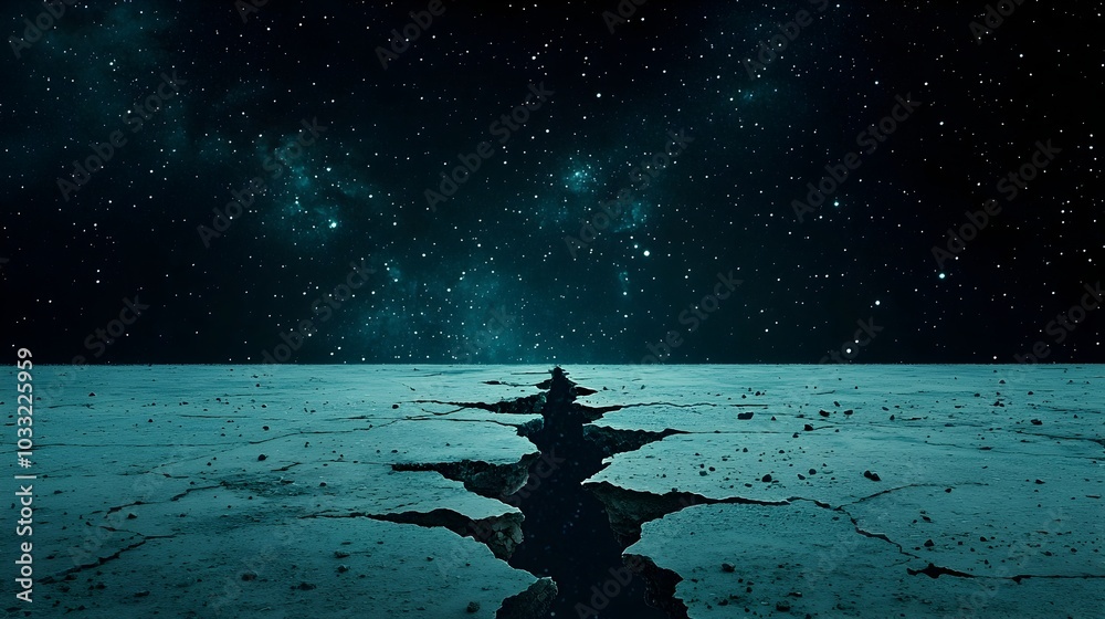 Poster Cracked pavement reveals a breathtaking galaxy beneath seamlessly blending the realms of reality and fantasy in a mesmerizing and thought provoking visual narrative