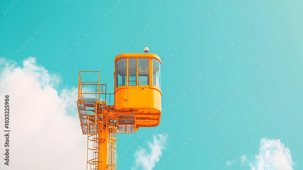 Poster crane boom extended to its maximum height with swirling clouds in the sky above the imposing industr