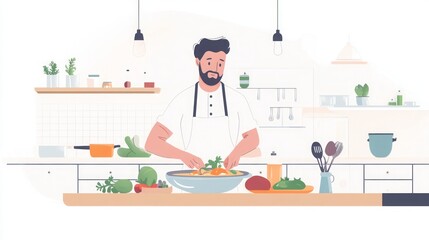 Fototapeta premium Man Cooking Delicious Meal in Kitchen - Fresh Ingredients and Culinary Art