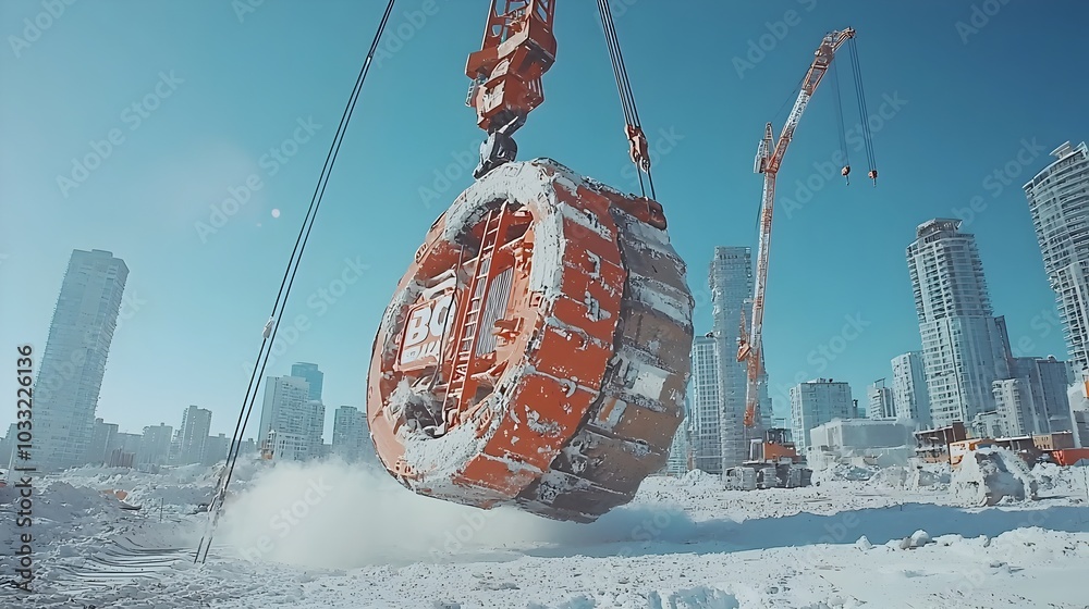 Aufkleber crawler crane s hook swinging mid motion over an active construction site undergoing infrastructure 