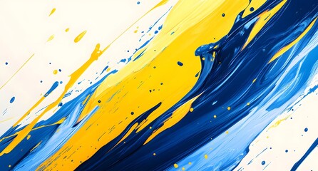 Blue and yellow background vector with abstract shapes, splashes of paint, and dynamic lines. Abstract background for presentation or poster design.