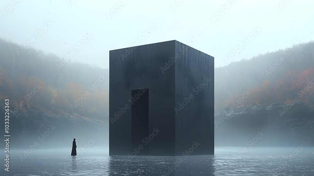 Aufkleber Cube Shaped Waterfall with Water Flowing Upward Instead of Down Creating a Captivating and Surreal Landscape Design