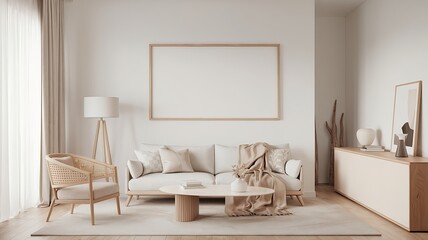 Blank picture frame template on the wall. Modern scandinavian style interior. Home staging and minimalism concept.