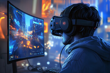 Professional virtual reality computer gamer person illustration