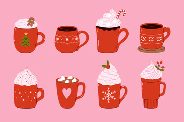 Set of winter drinks in red mugs. Vector graphics.