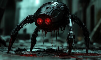 Fototapeta premium Bloody, mechanical spider with red eyes.