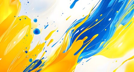Blue and yellow background vector with abstract shapes, splashes of paint, and dynamic lines. Abstract background for presentation or poster design.