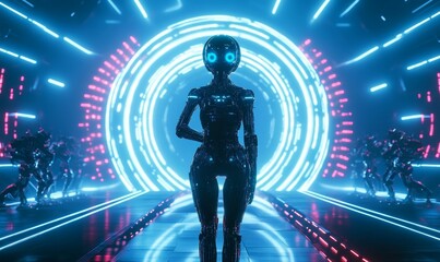 A robot stands in a neon lit hallway.