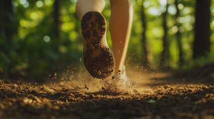 Close-up of a runner's muddy shoe kicking up dirt on a trail in a forest.