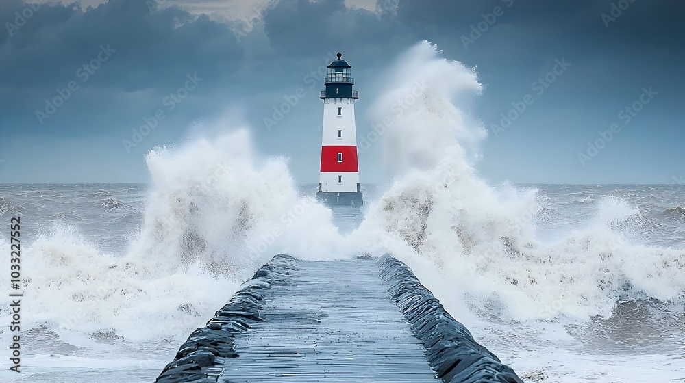 Poster Dramatic waves crashing against a pier or lighthouse in the distance creating a breathtaking coastal scene with a serene and moody atmosphere