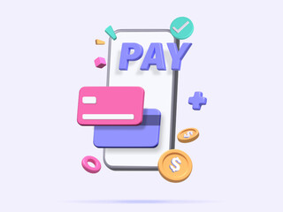 Payment Method with 3D Style of Smartphone and Cards, Coin Icon in White Isolated Background
