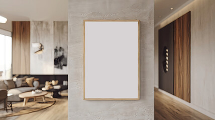 Frame mockup, Living room wall poster mockup. Interior mockup with house background. 3D render.