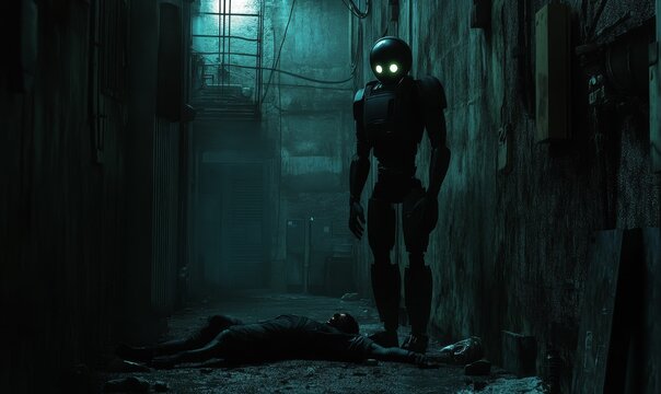 Robot stands over fallen figure in dark alley.