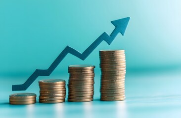 Blue background with an arrow pointing up and a stack of coins growing on it, representing growth in the stock market or business, the immortalization of prosperity. 