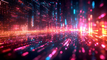 Obraz premium A vibrant digital landscape of glowing particles and lines, suggesting data flow and technology.