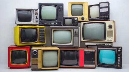 A collection of old vintage retro tv television sets in a stack