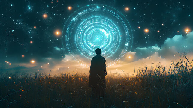 Shamanic space meets digital realm, wisdom tech fusion, ancestral light